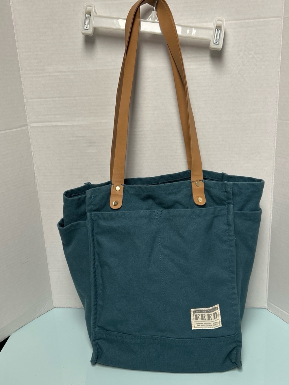 FEED Deep Teal Canvas Tote with Tan Leather Straps